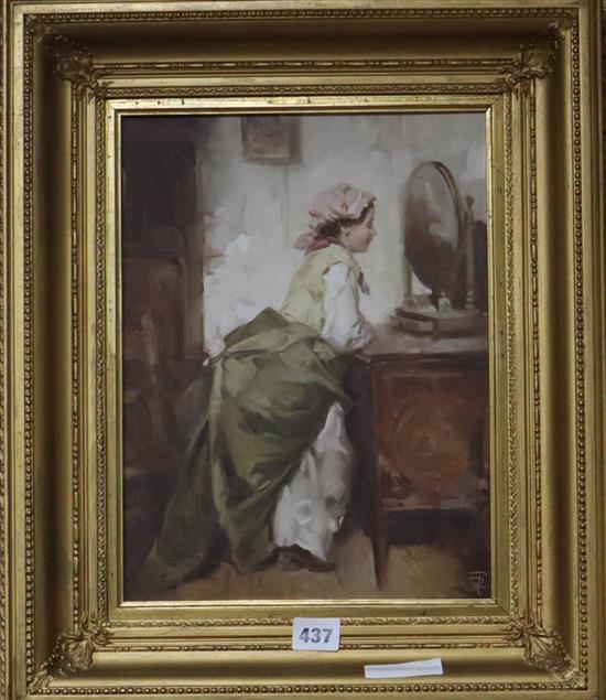 Continental School, oil on board, Woman at a dressing table, monogrammed, 33 x 24cm.